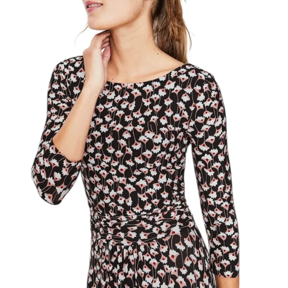 Boden Maisie Matte Jersey Midi Dress Black Floral Handkerchief Hem Ruched Size 8 - Picture 5 of 12